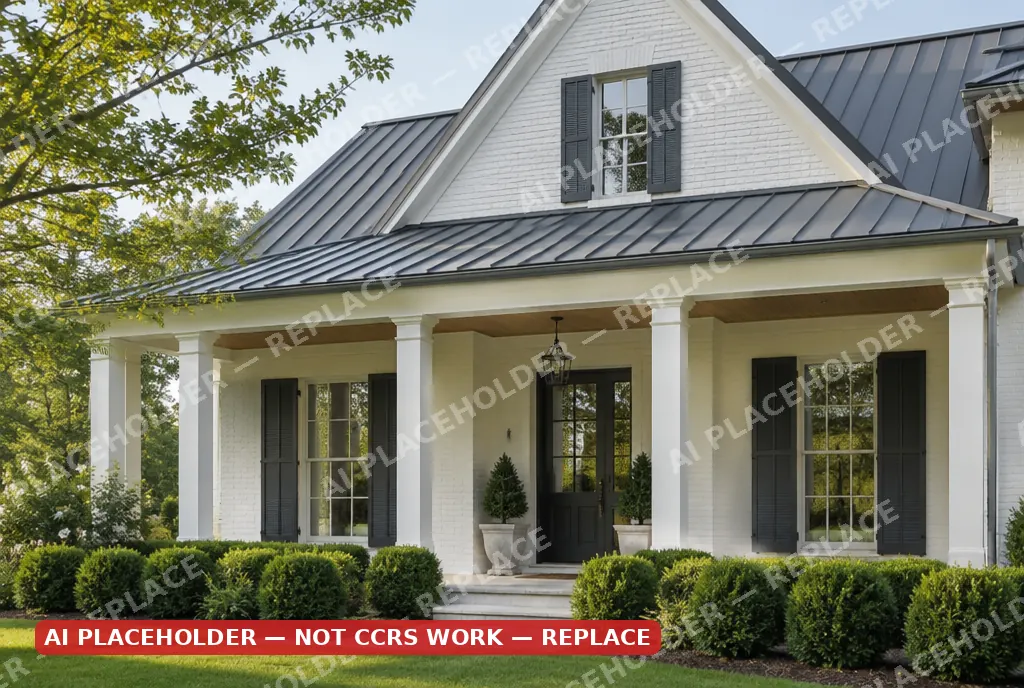 Placeholder image: charcoal standing seam metal roof over a columned front porch