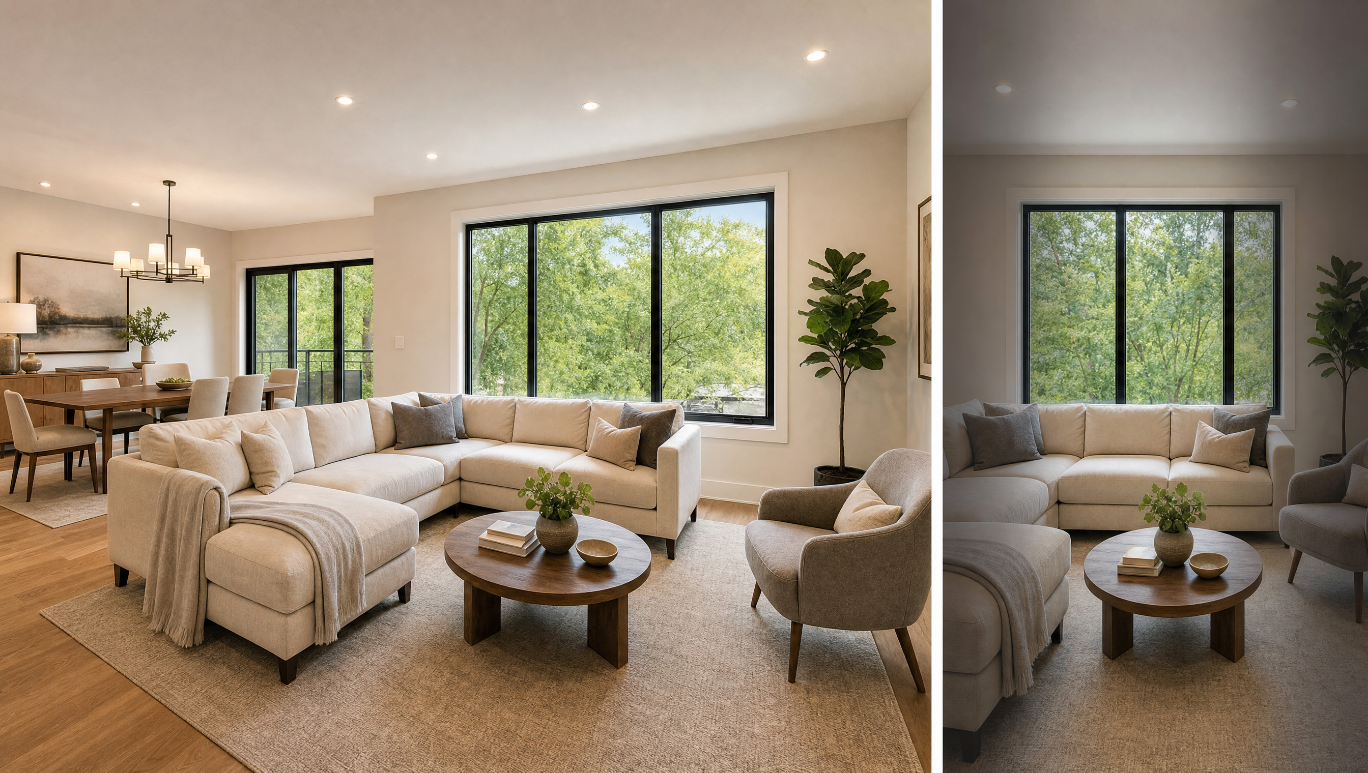 Side-by-side comparison showing the same room framed horizontally and vertically, illustrating what gets lost when cropping horizontal footage to a 9:16 vertical format