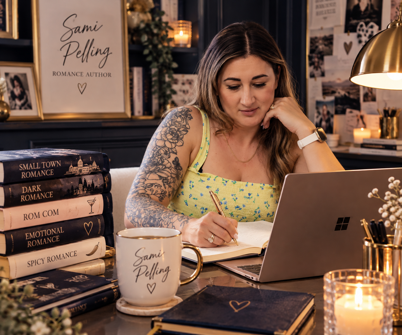 Sami Pelling, romance author, writing at her desk