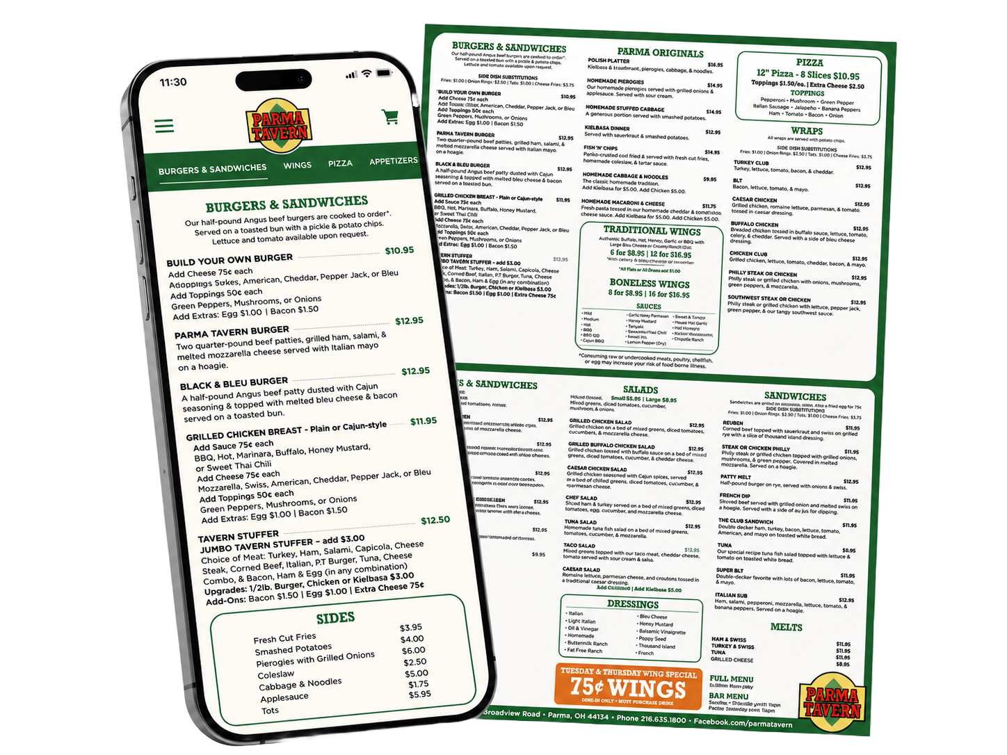 Parma Tavern mobile menu preview beside a printed menu