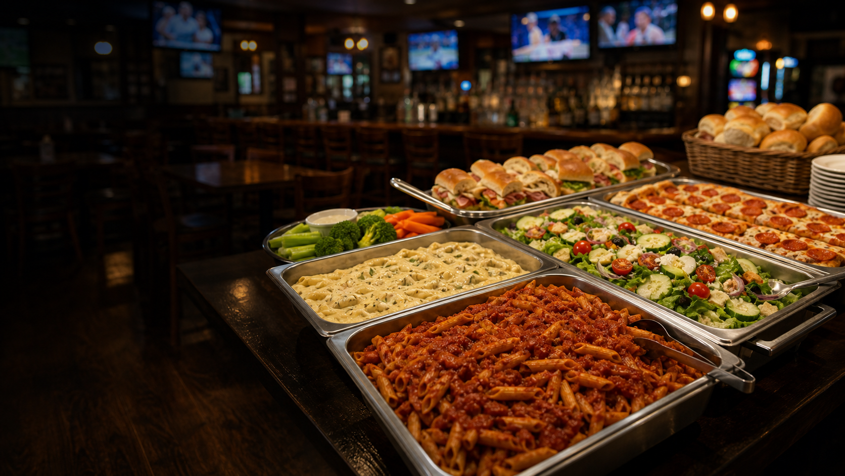 Parma Tavern fundraiser buffet setup with party food