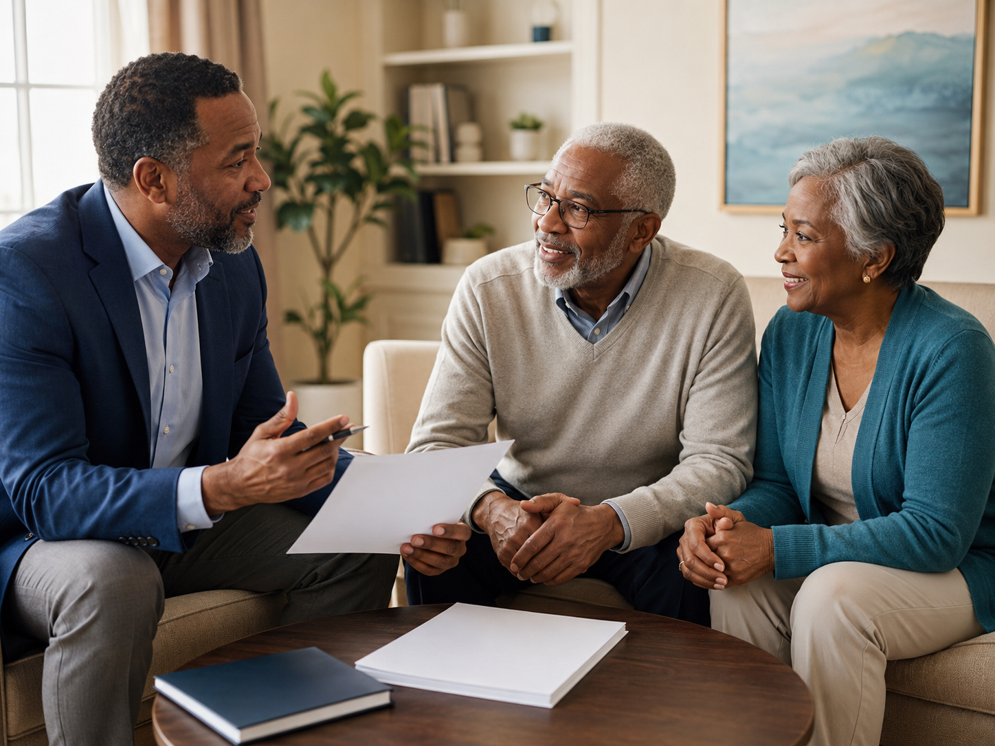 Insurance professional explaining coverage options to a senior couple