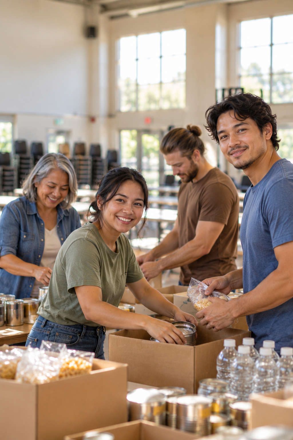 Volunteers setting up in a community hall