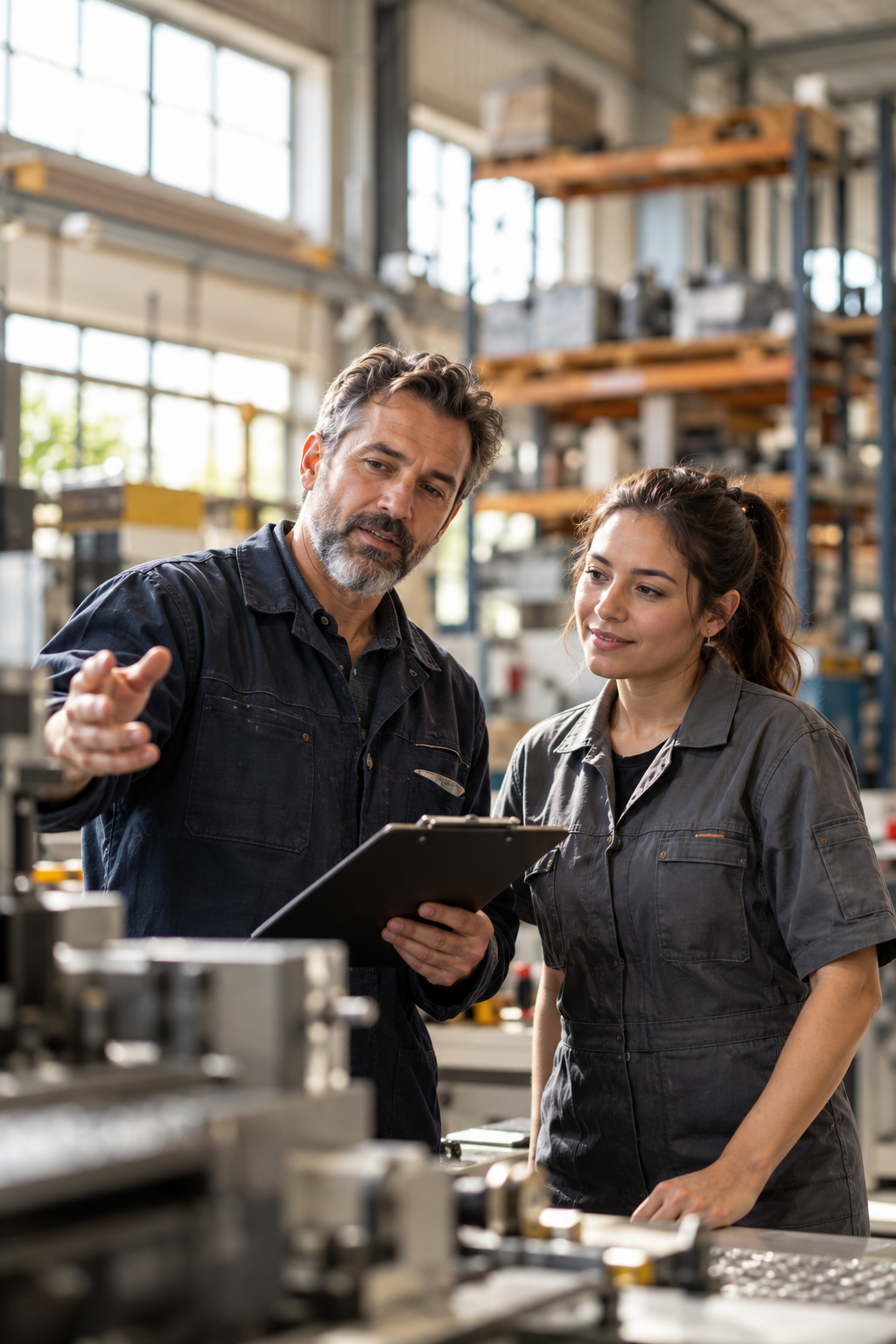 Two colleagues in an industrial workshop