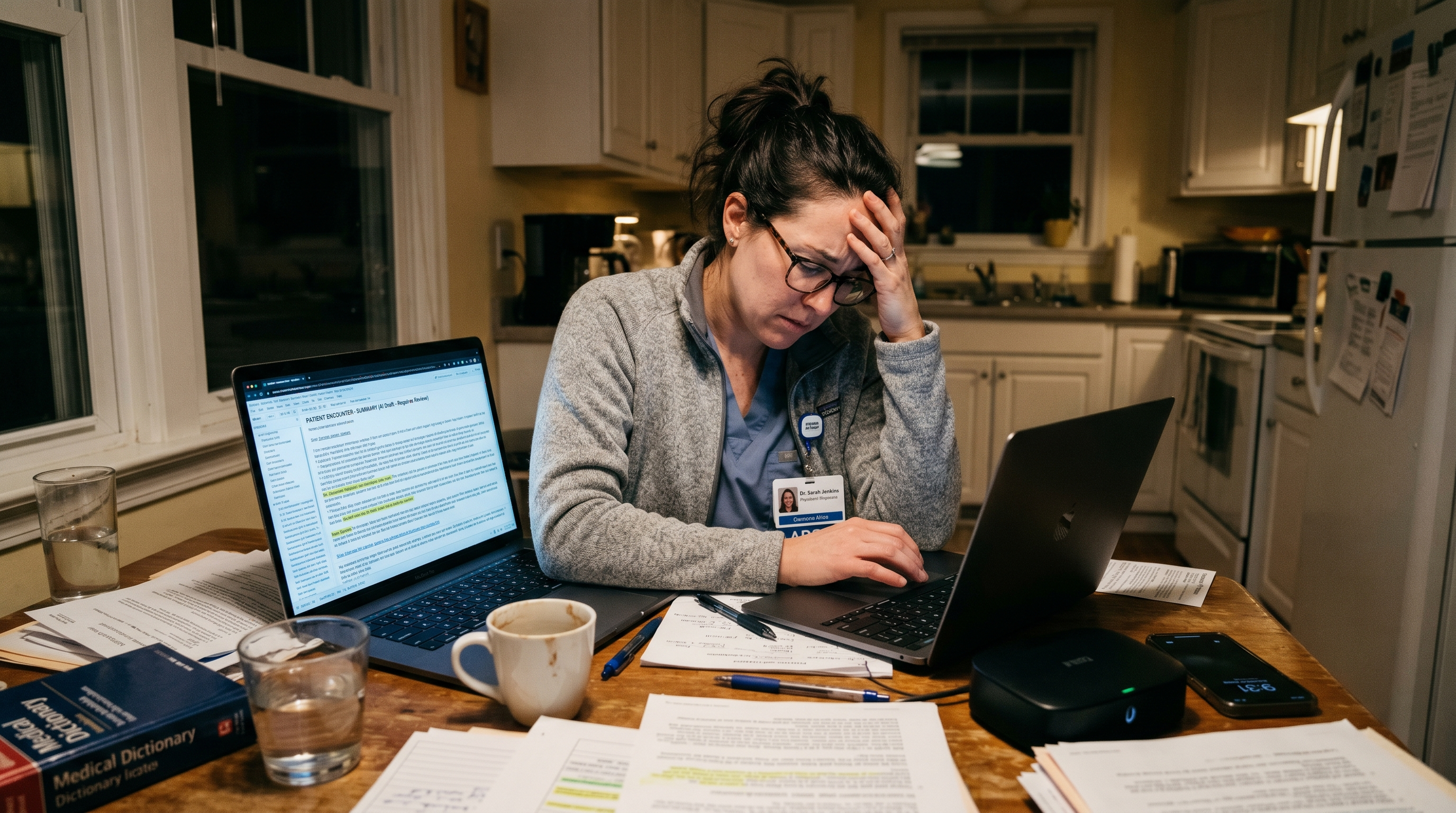 Tired female physician overwhelmed with charting