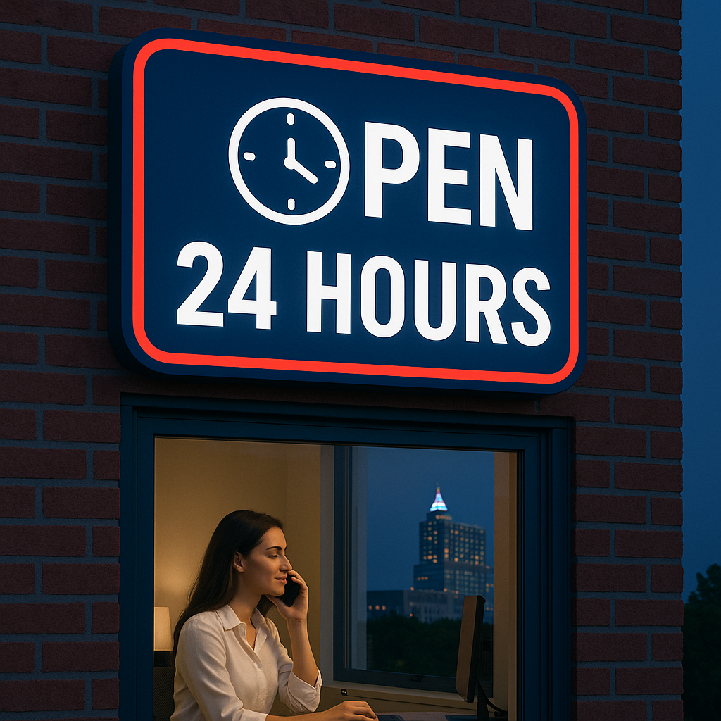 Bail bonds office in Raleigh with an 'Open 24 Hours' sign, representing Amistad Bail Bonds' 24/7 availability for immediate arrest assistance.