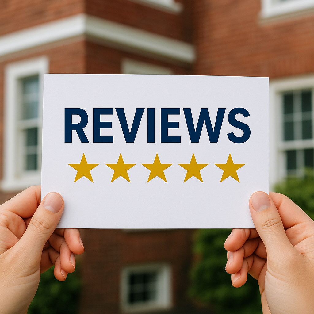 Hands holding a sign that reads 'Reviews' with five gold stars, highlighting Amistad Bail Bonds' trusted reputation and positive client feedback in Raleigh.