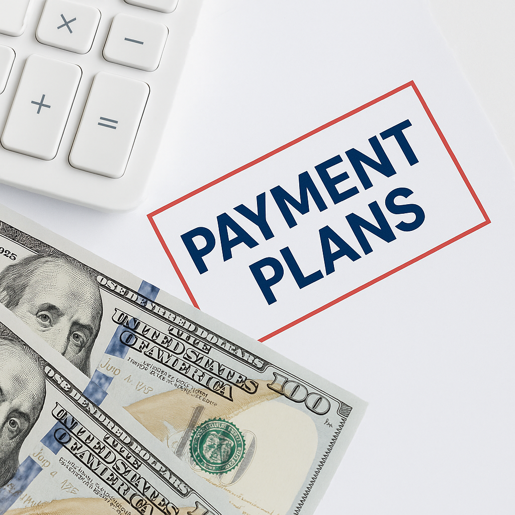 Payment plan graphic featuring dollar bills and calculator, representing Amistad Bail Bonds' flexible bail bond payment options in Raleigh, including 5% down plans.