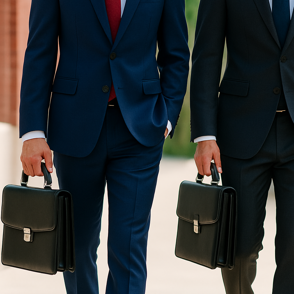 Professional bail agents in suits carrying briefcases, symbolizing Amistad's experienced team supporting Raleigh families through the bail process.