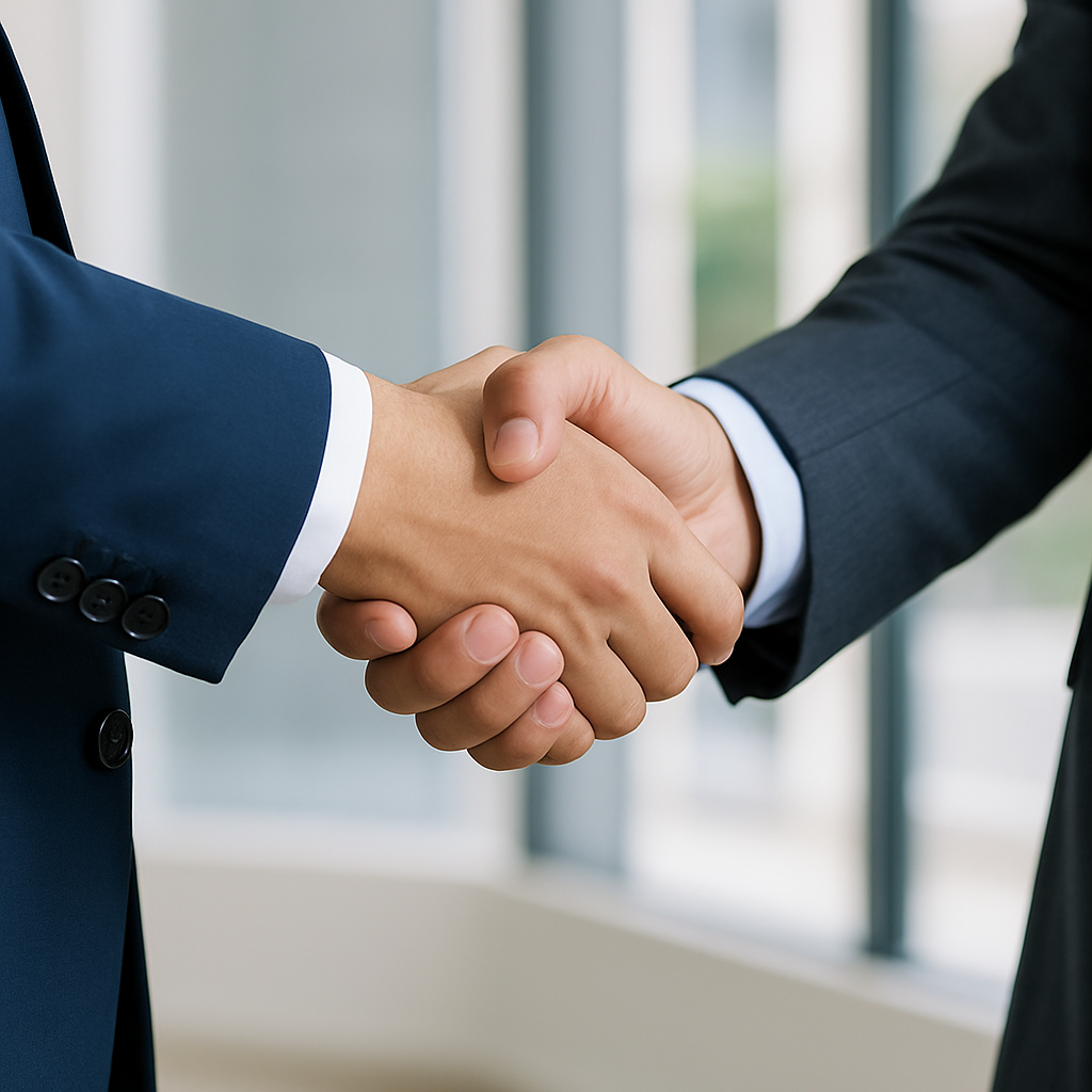 Two professionals shaking hands in an office setting, symbolizing the trusted and dependable bail bond support Amistad provides to Raleigh families.