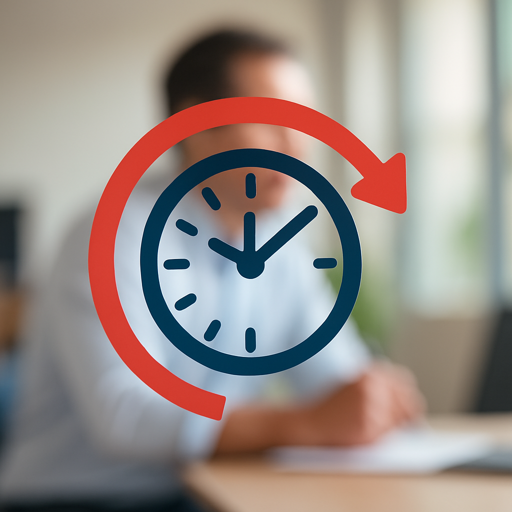 Clock icon over blurred image of a professional, illustrating Amistad Bail Bonds’ focus on fast and efficient bail bond processing to reduce delays.