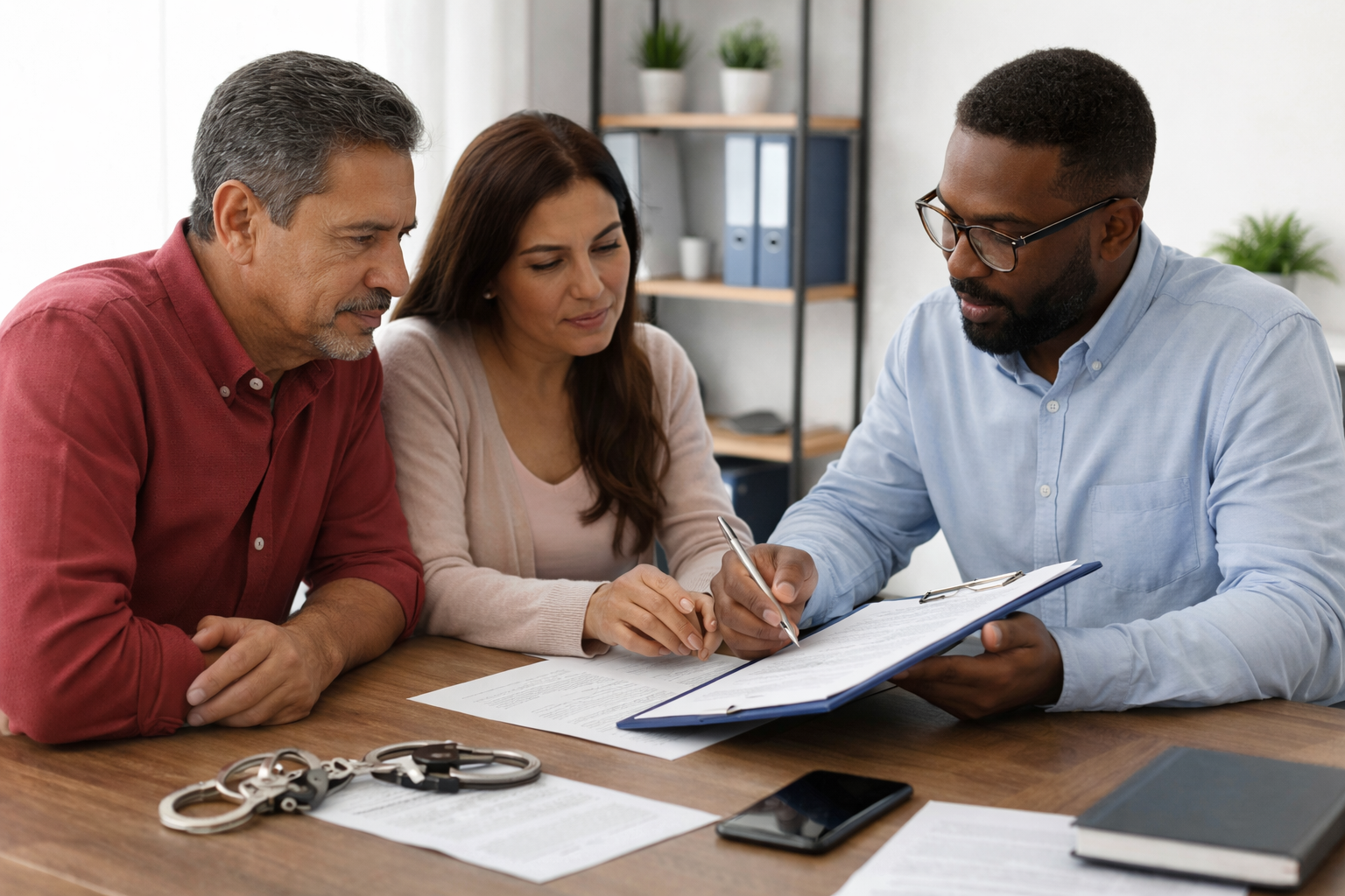 Bail bond agent reviewing documents with a family in Raleigh, North Carolina