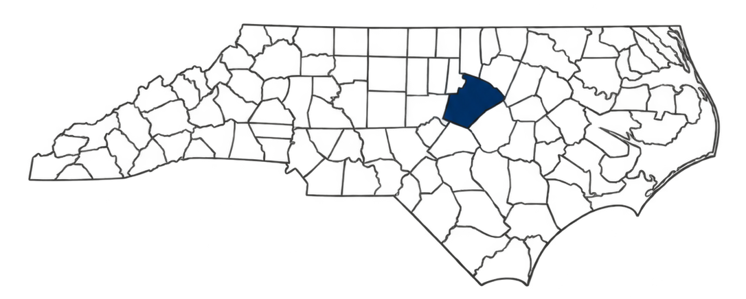 Mapa de Carolina del Norte mostrando el condado de Wake destacado