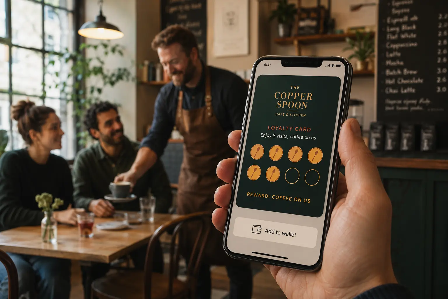 Illustrative digital stamp card on a customer’s phone in an independent café