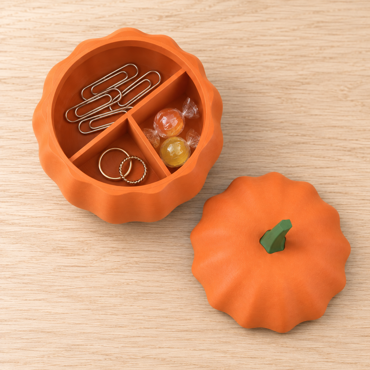 Pumpkin caddy shown holding small essentials