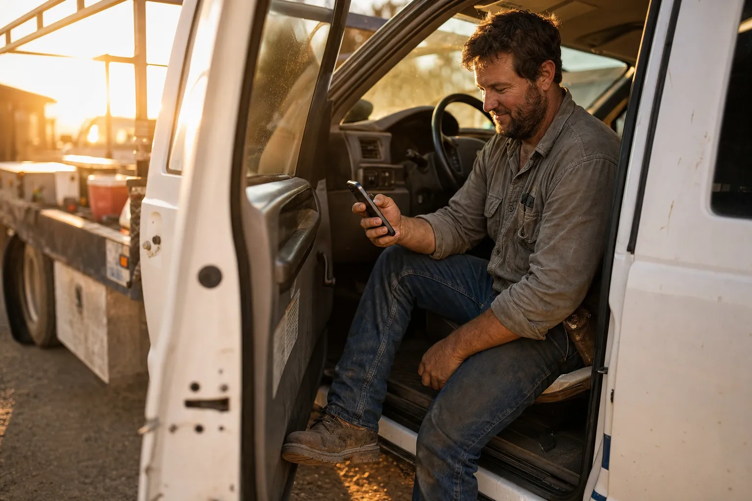 A contractor at the end of a workday, sitting in their truck with the door open, relaxed, checking their phone with a slight smile A contractor at the end of a workday, sitting in their truck with the door open, relaxed, checking their phone with a slight smile