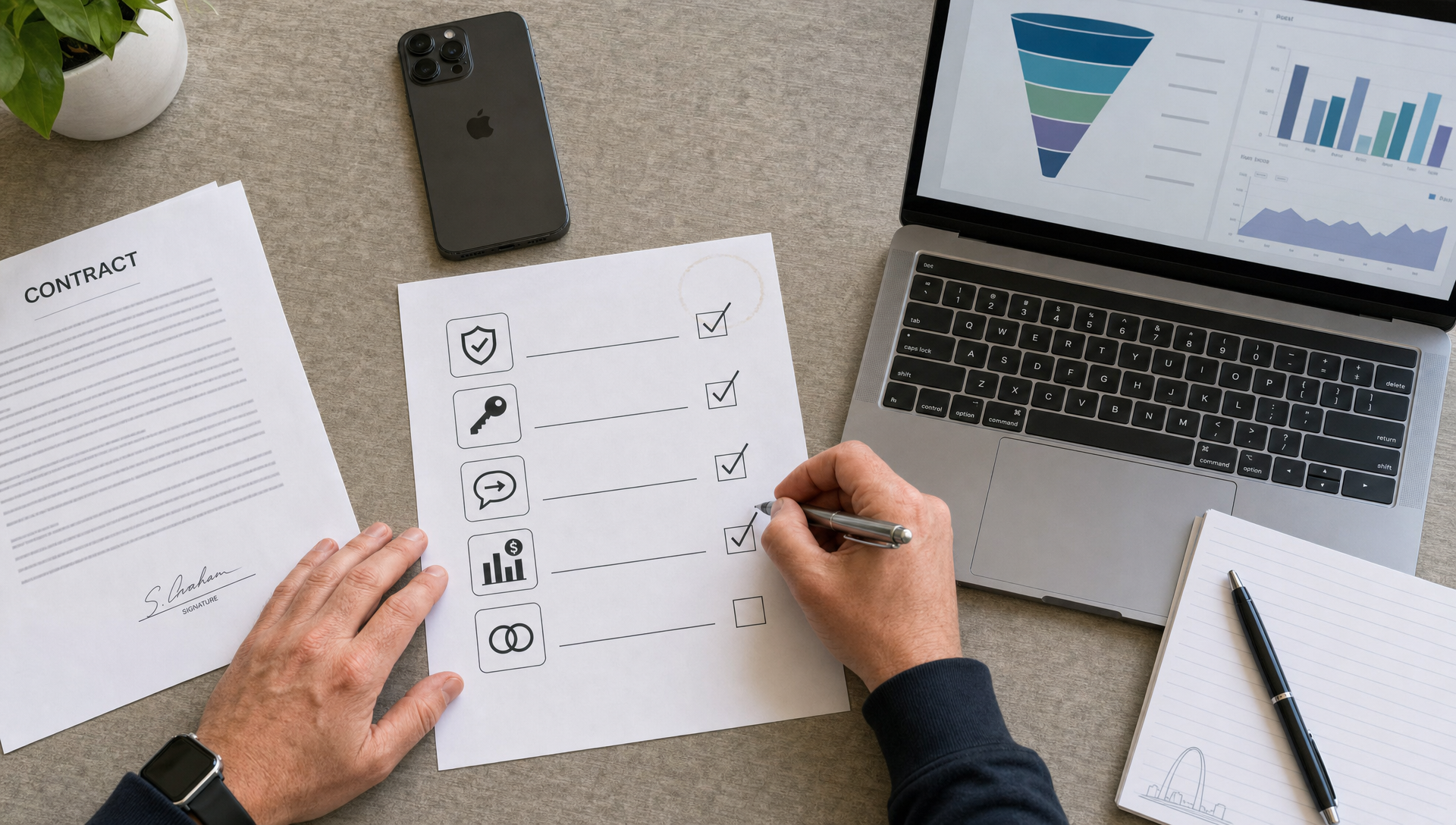 A St. Louis business owner completing a final digital marketing agency evaluation checklist before signing a contract.