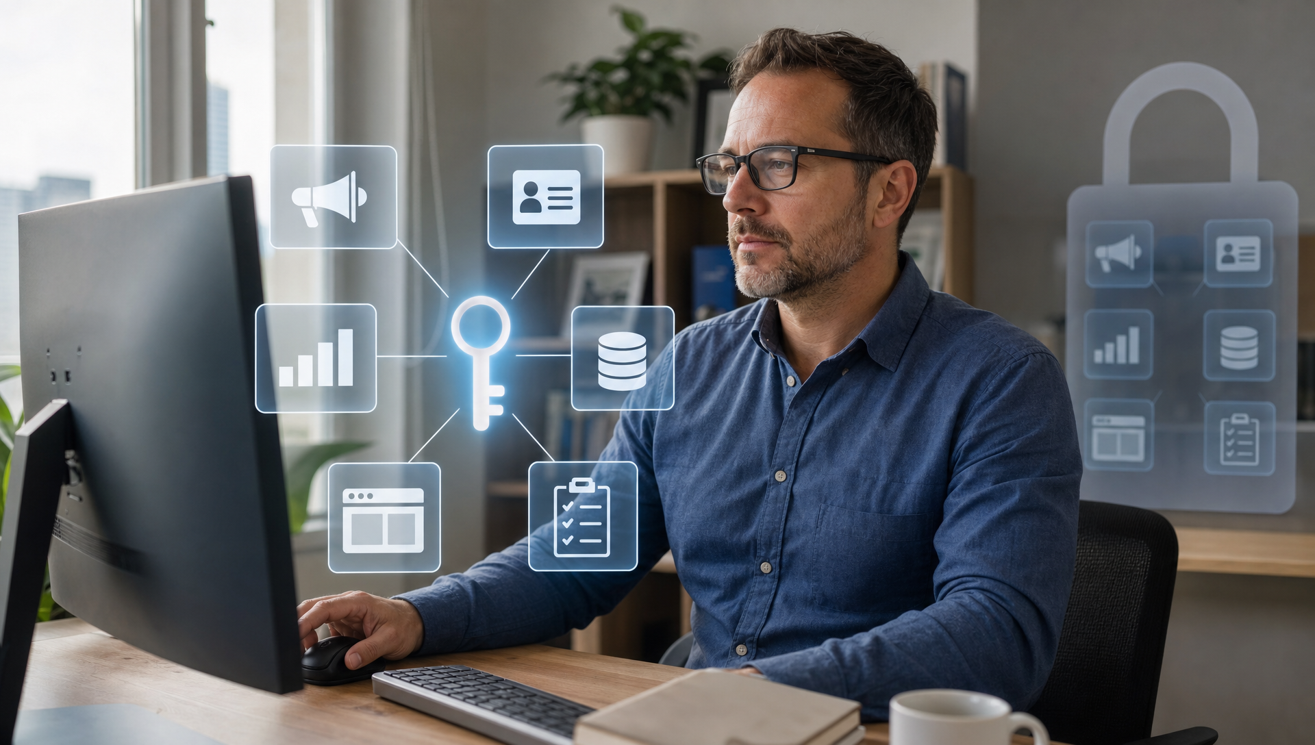 a business owner at a computer with clearly organized digital assets representing an advertising account, CRM, analytics, customer database, website, and reporting dashboard.