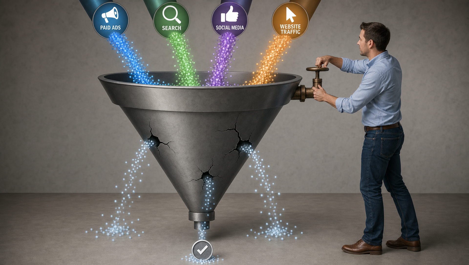 a clean visual metaphor showing a business pouring more leads into a leaking funnel. At the top, leads enter from paid ads, search, social media, and website traffic. Lower in the funnel, visible cracks allow leads to escape before reaching the final customer or revenue stage. A business owner is increasing the flow at the top while the real problem remains the damaged funnel below. a clean visual metaphor showing a business pouring more leads into a leaking funnel. At the top, leads enter from paid ads, search, social media, and website traffic. Lower in the funnel, visible cracks allow leads to escape before reaching the final customer or revenue stage. A business owner is increasing the flow at the top while the real problem remains the damaged funnel below.