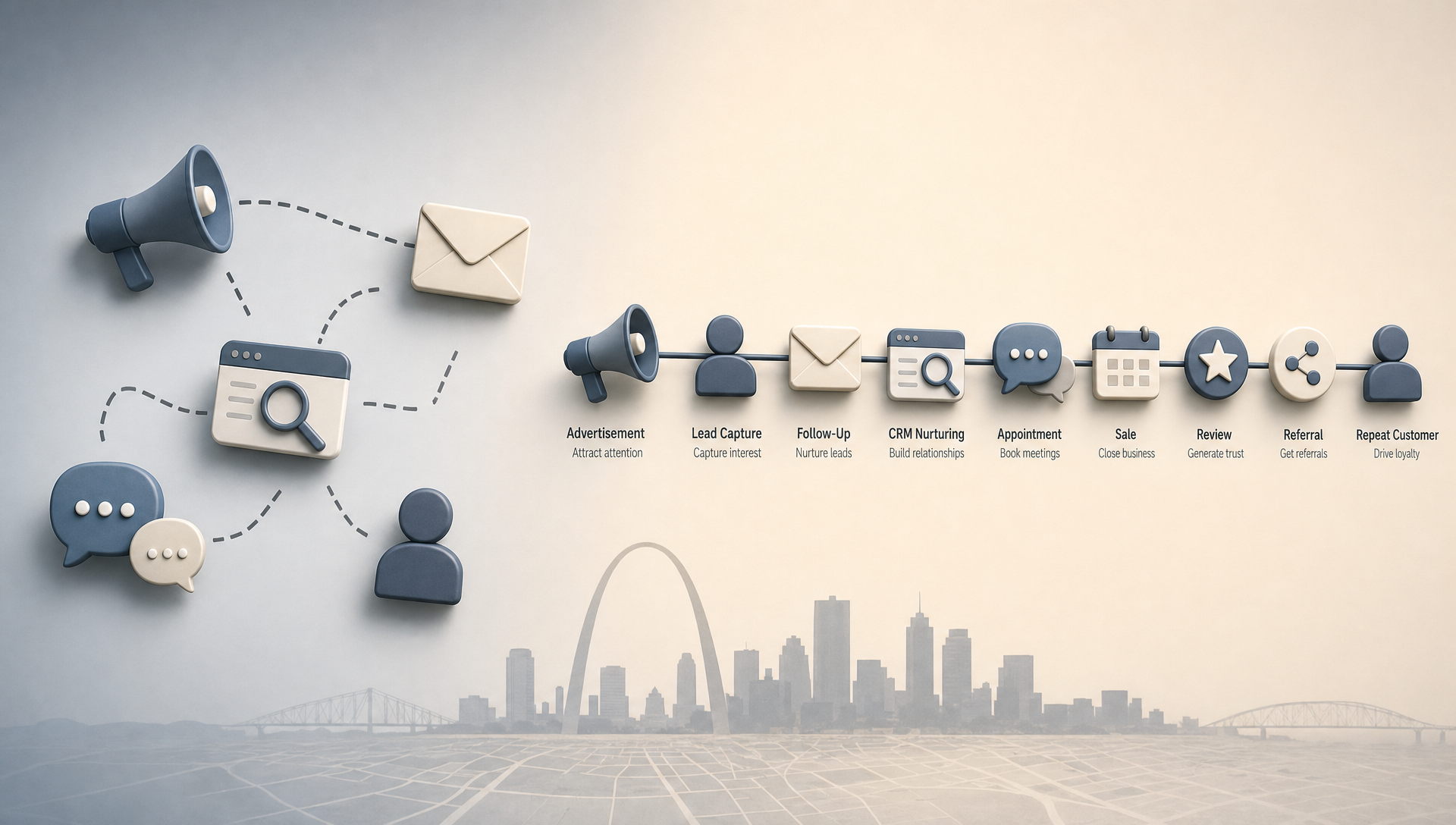 conceptual business image showing a St. Louis business owner comparing several different digital marketing agency options displayed as cards or folders across a desk