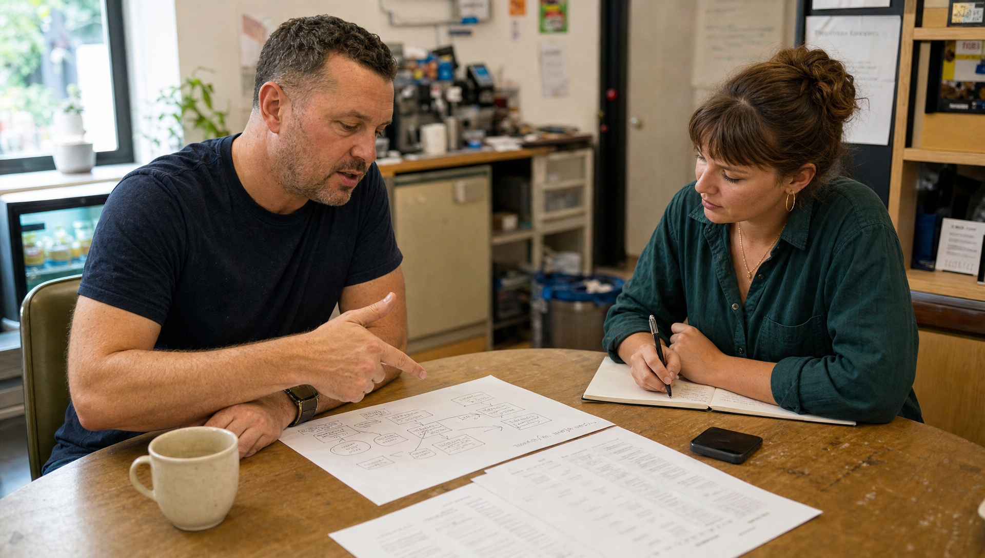 a business owner explaining how customers move from initial inquiry to a booked appointment while a marketing strategist listens attentively and takes handwritten notes. a business owner explaining how customers move from initial inquiry to a booked appointment while a marketing strategist listens attentively and takes handwritten notes.