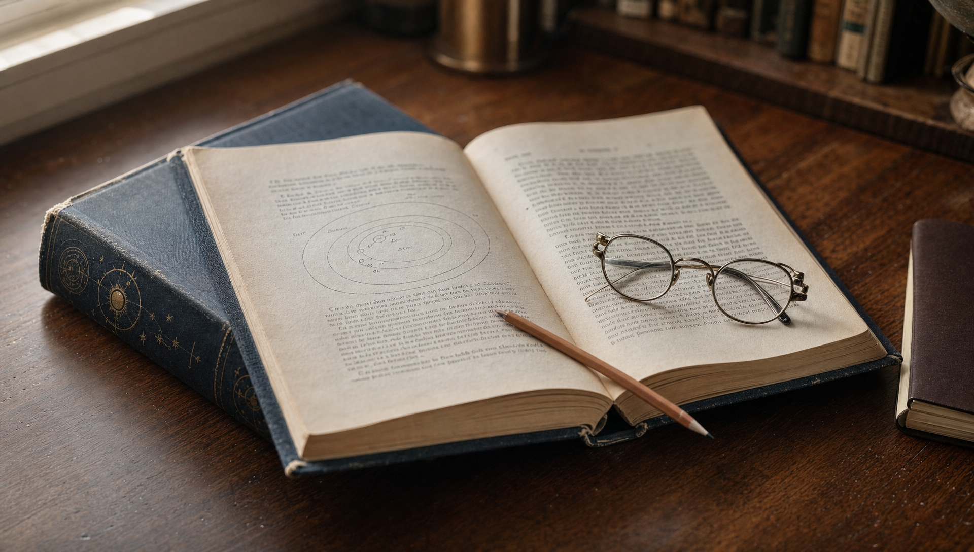 a well-used, early-1960s-style science fiction hardcover resting open on a wooden reading desk, with reading glasses, a pencil, and a notebook a well-used, early-1960s-style science fiction hardcover resting open on a wooden reading desk, with reading glasses, a pencil, and a notebook