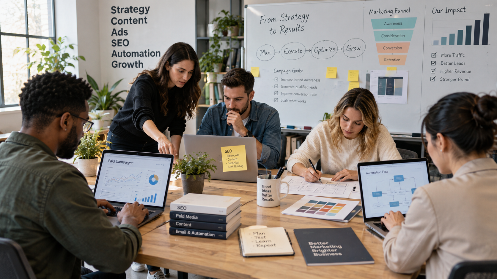 a small team of marketing specialists collaborating around a table or digital workspace, with each person focused on a different area such as paid ads, SEO, design, reporting, and marketing automation