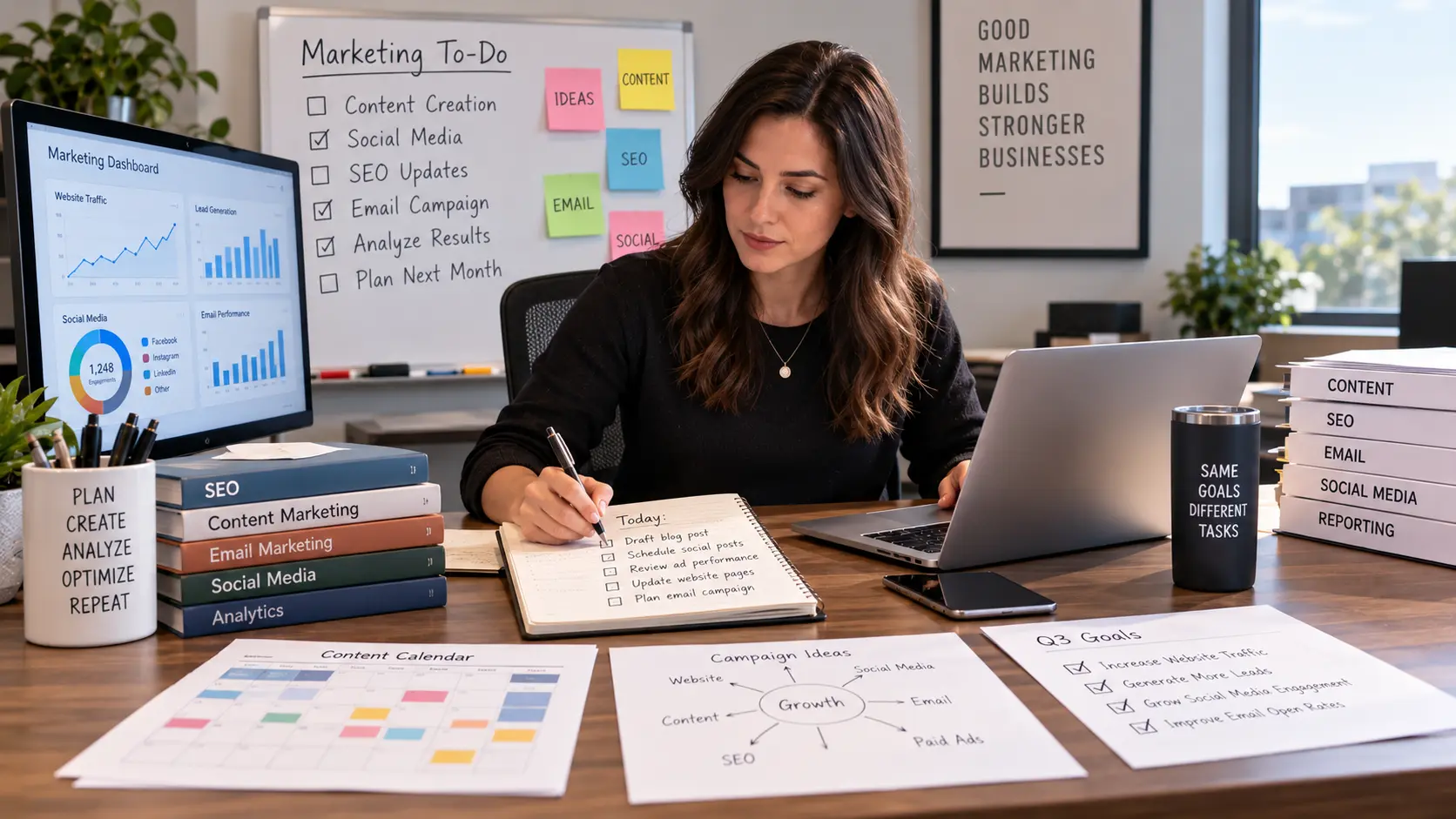 one dedicated marketing professional seated in a business office, managing several responsibilities at once such as content planning, SEO notes, email marketing, analytics, and social media scheduling