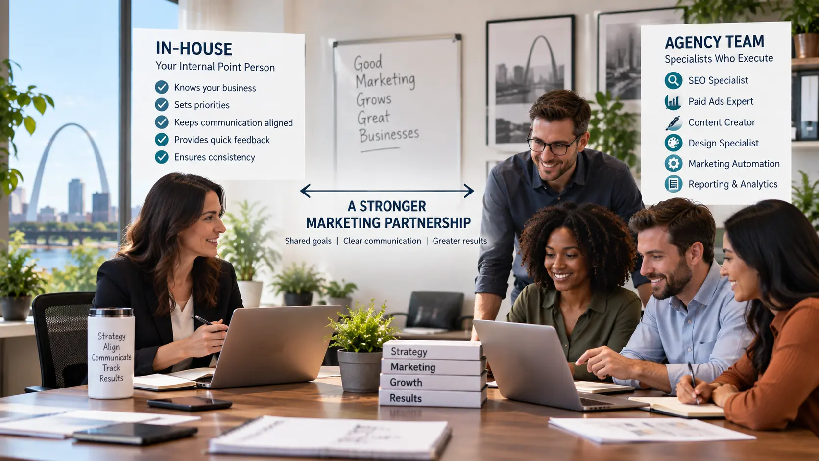 one internal team member or business owner acting as the main point of contact, connected to an external agency team that handles specialized execution.