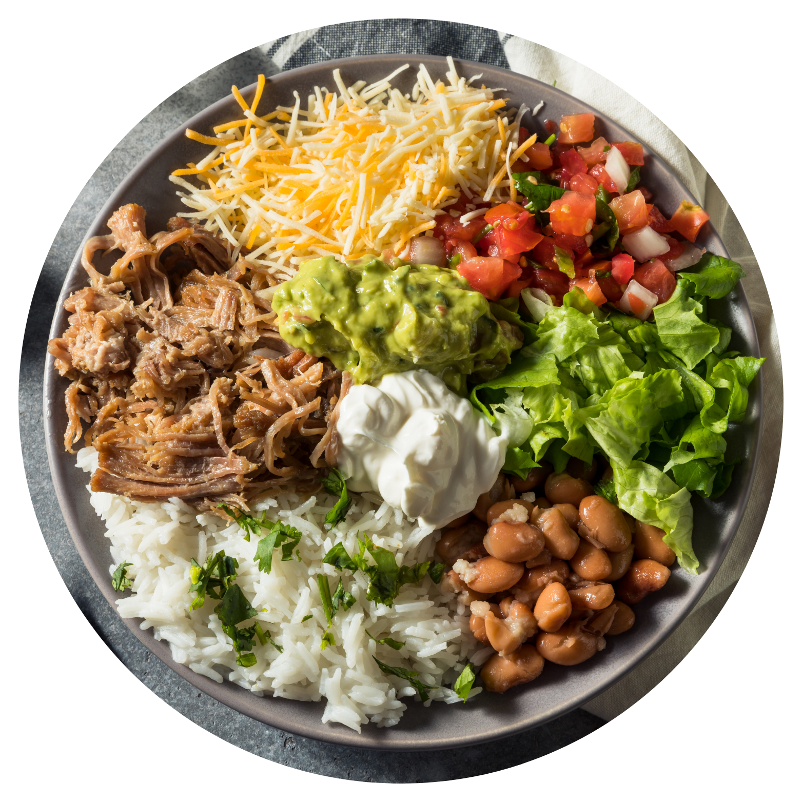 Bowl of mexican veggies and meats with special sauces