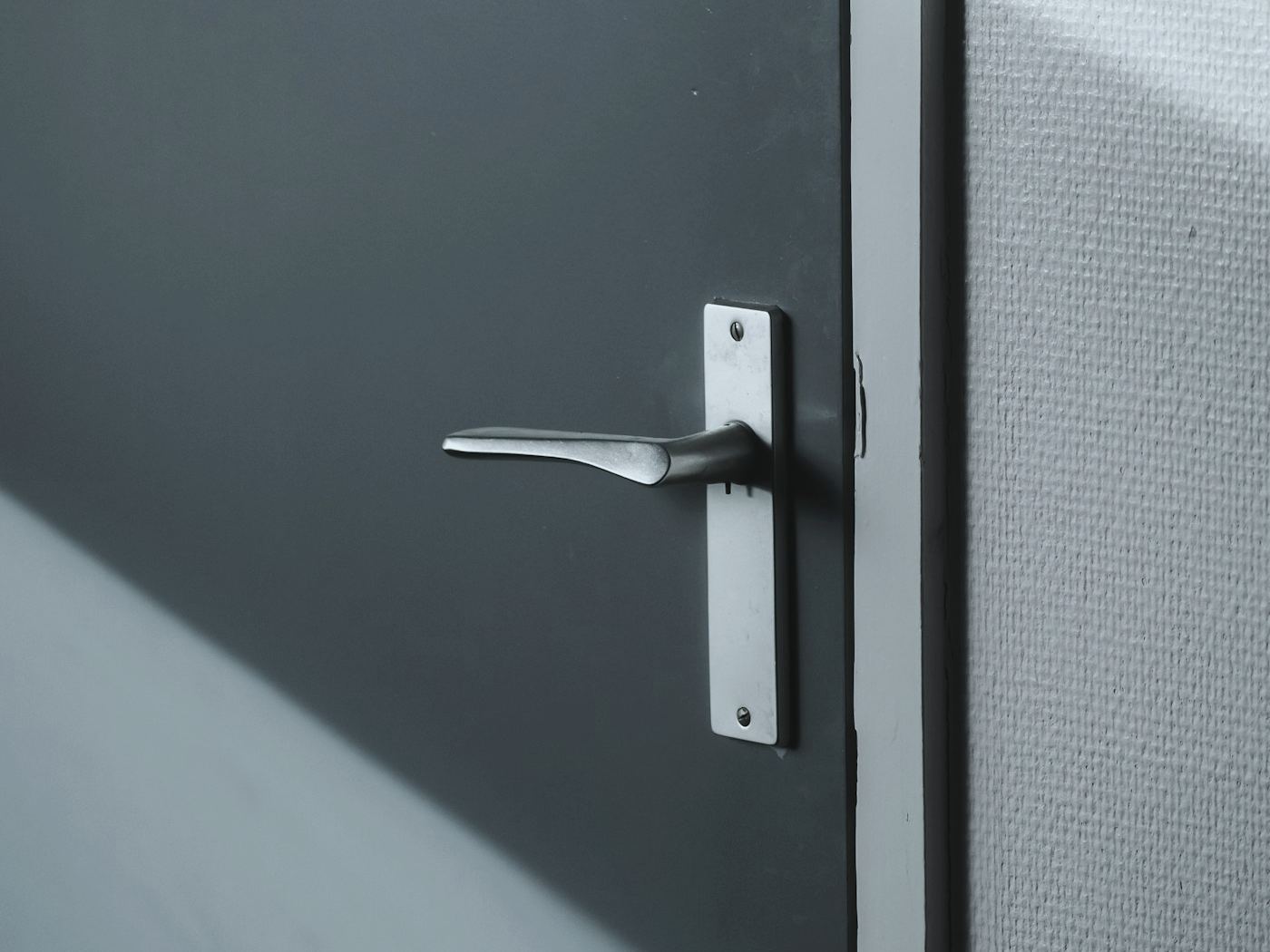 Satin lever handle on a grey door