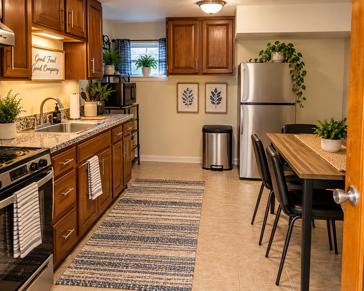 Kitchen with stove, refrigerator and dining table