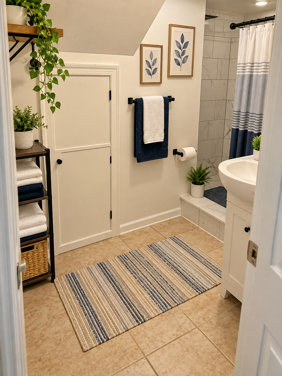 Clean bathroom with shower and towels