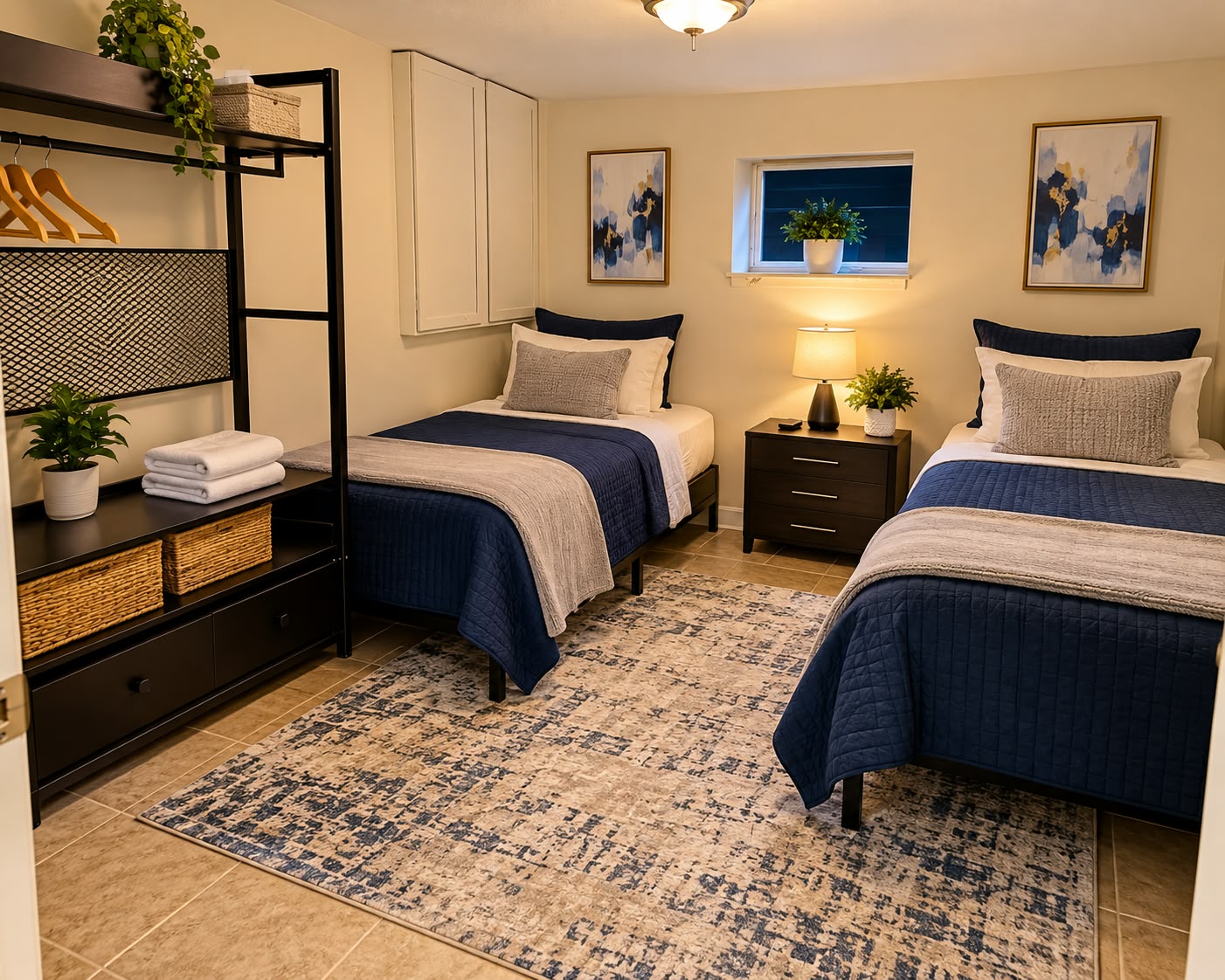 Shared bedroom with two beds, nightstand and lamp