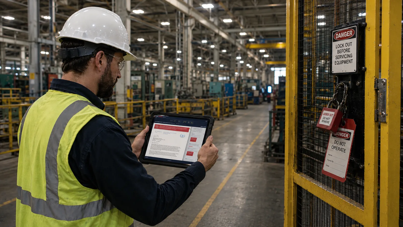 Worker on the floor checking RegLogic on a tablet beside a locked-out, tagged machine