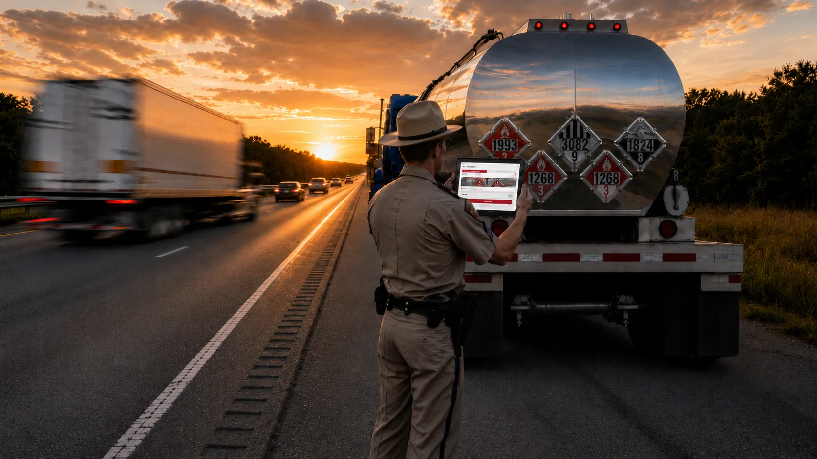 Enforcement officer scanning hazmat placards on a tanker at sunset with RegLogic on a tablet