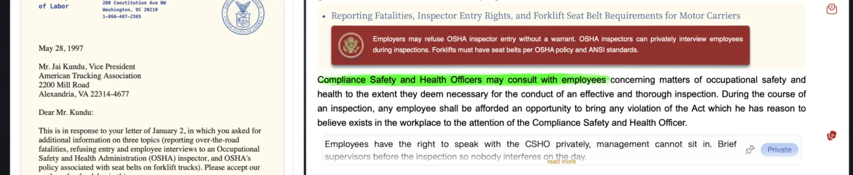 An OSHA interpretation letter attached to the rule with a highlighted smart summary callout