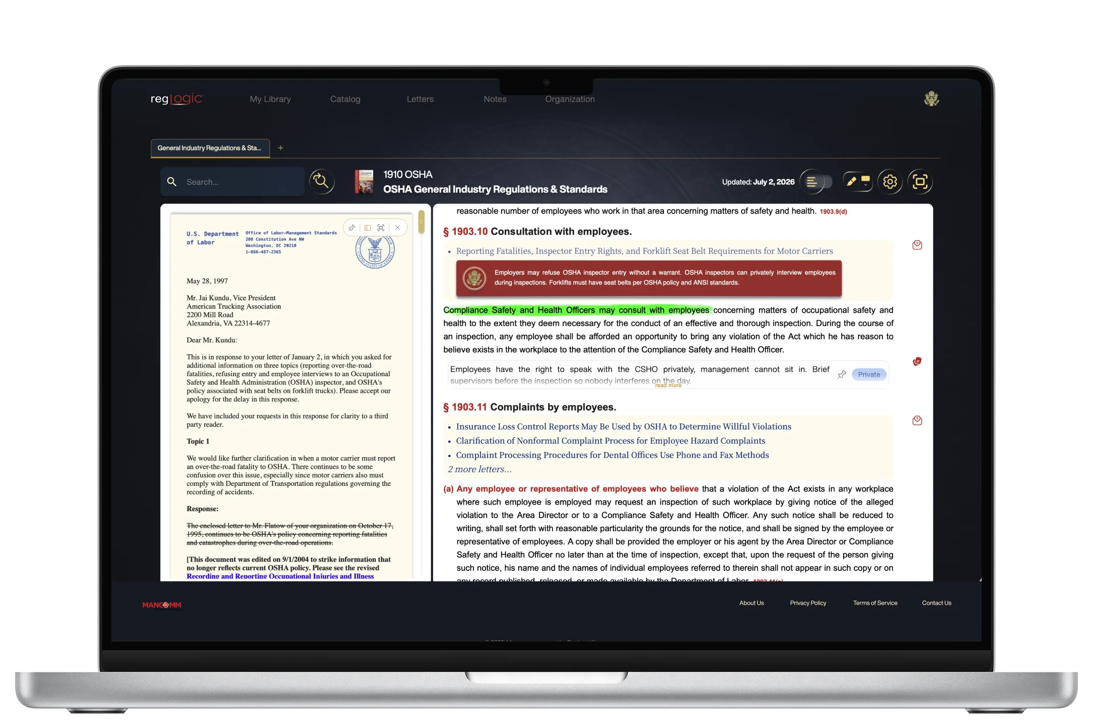 RegLogic showing OSHA 1910 with an attached interpretation letter, its smart summary, and a team note, all on one screen