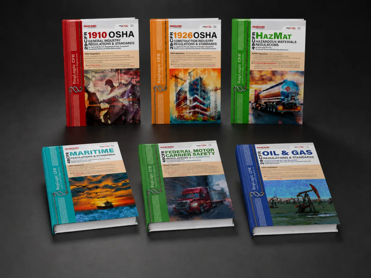 Eight color-coded Mancomm RegLogic CFR titles including 1910, 1926, HazMat, Maritime, FMCSA and Oil and Gas