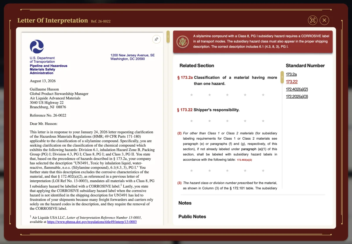 A DOT letter of interpretation opened in RegLogic with its smart summary and related sections