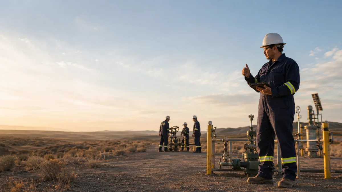 A pipeline technician reviewing RegLogic on a tablet at a wellhead valve set at sunset