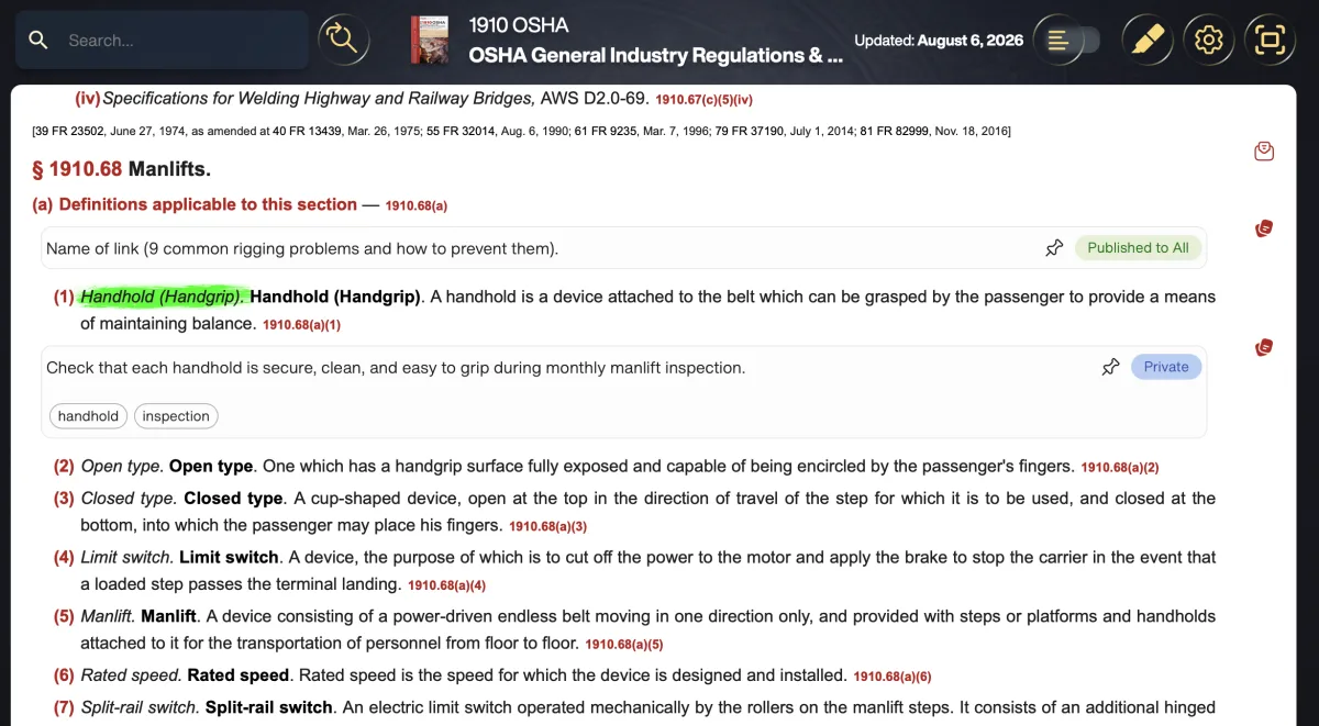 Published and private team notes pinned inline to 1910.68 in RegLogic
