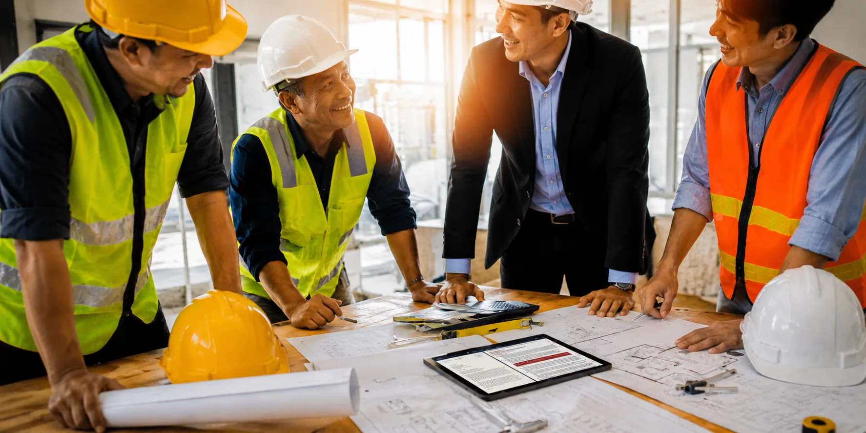 Safety managers and a supervisor reviewing plans around a table with a tablet showing RegLogic