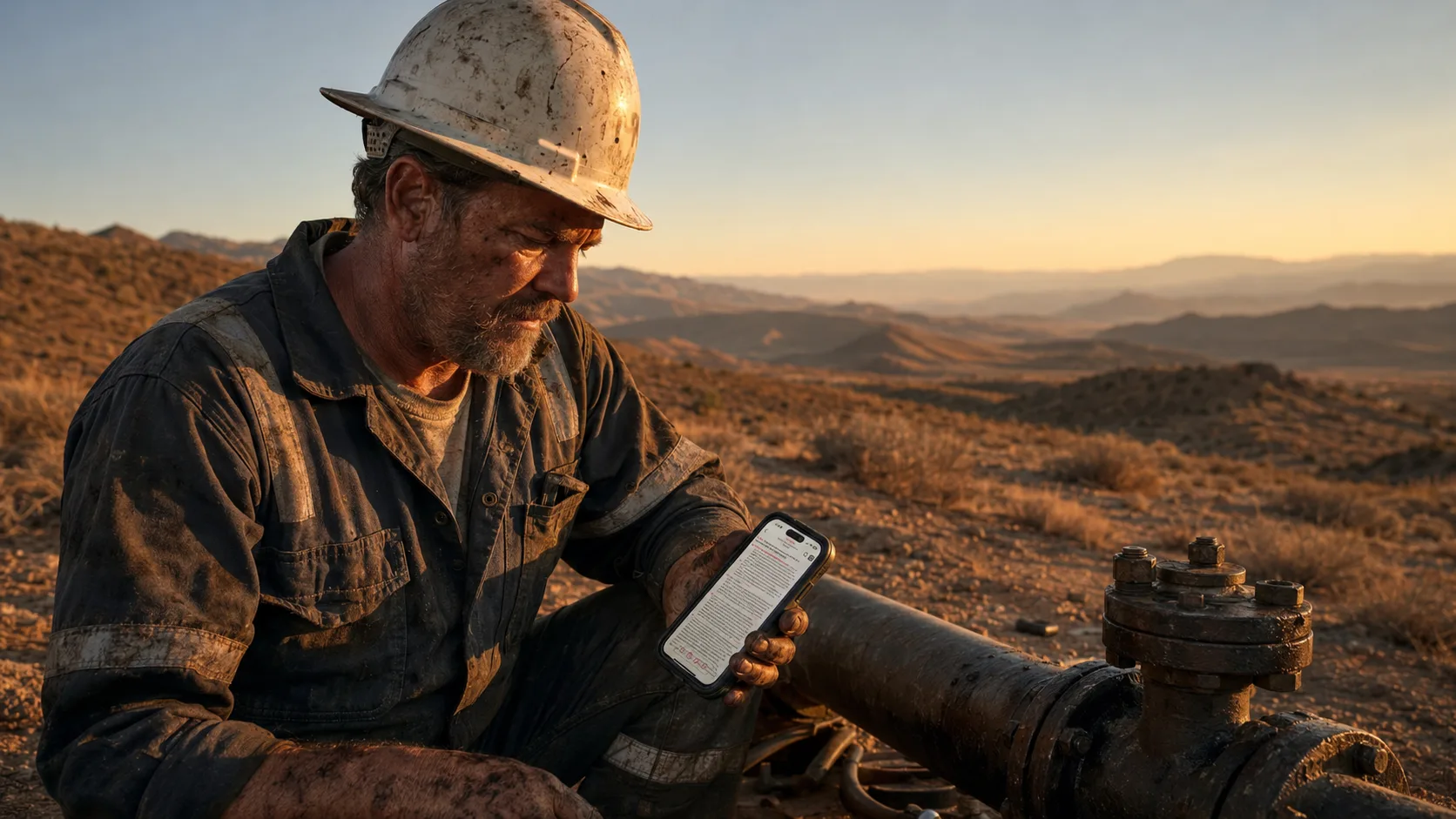 An oil and gas worker at a remote wellhead reading the standard on his phone at sunset