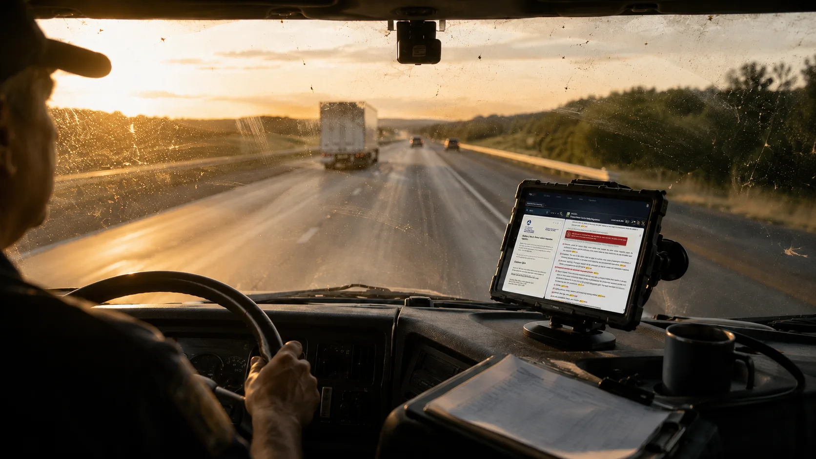 A truck driver on the highway at sunset with RegLogic open on a mounted cab tablet