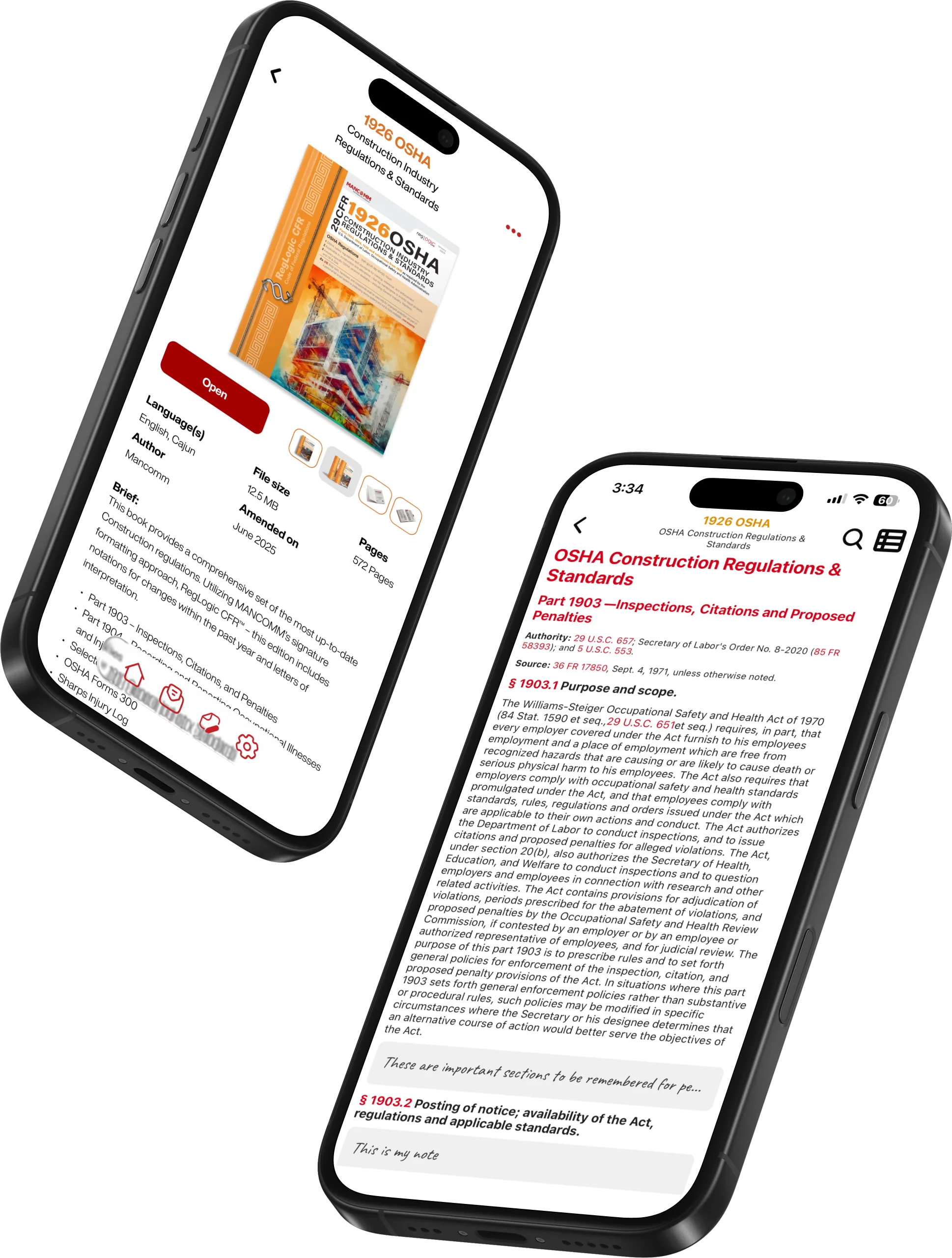 Two iPhones showing the 1926 OSHA title page with its details and the reading view with handwritten notes attached to sections