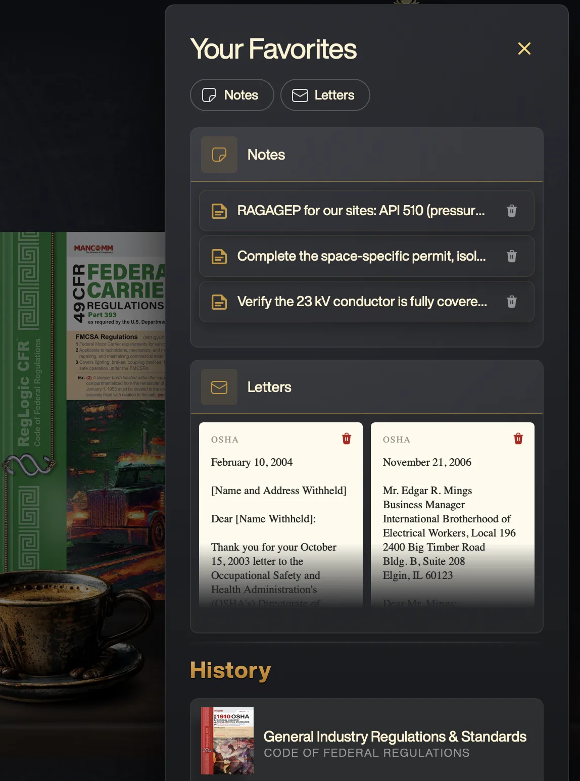 The RegLogic Favorites panel showing pinned notes and OSHA letters of interpretation