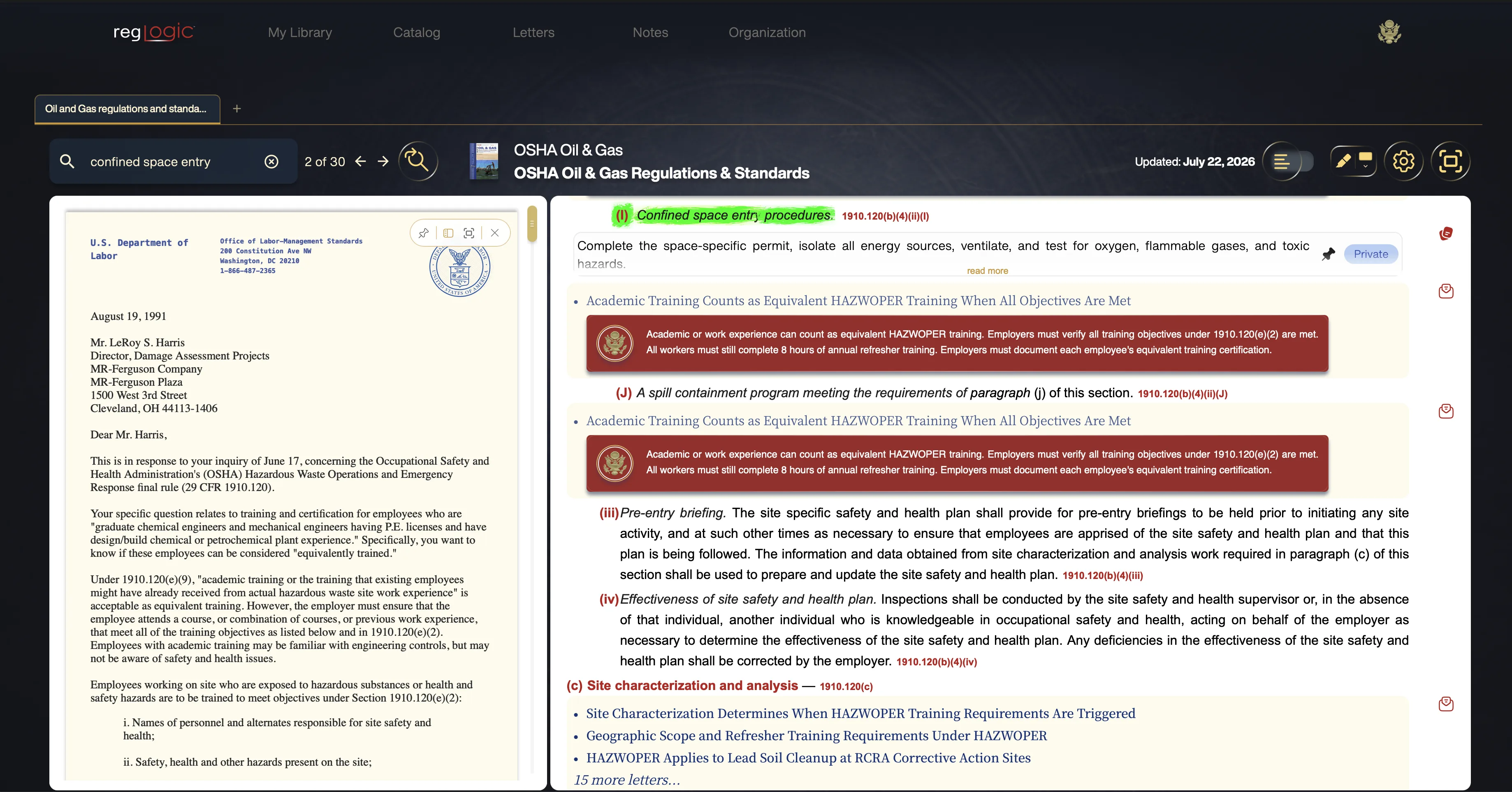 RegLogic — OSHA Oil & Gas standard open on a tablet, downloaded and available offline