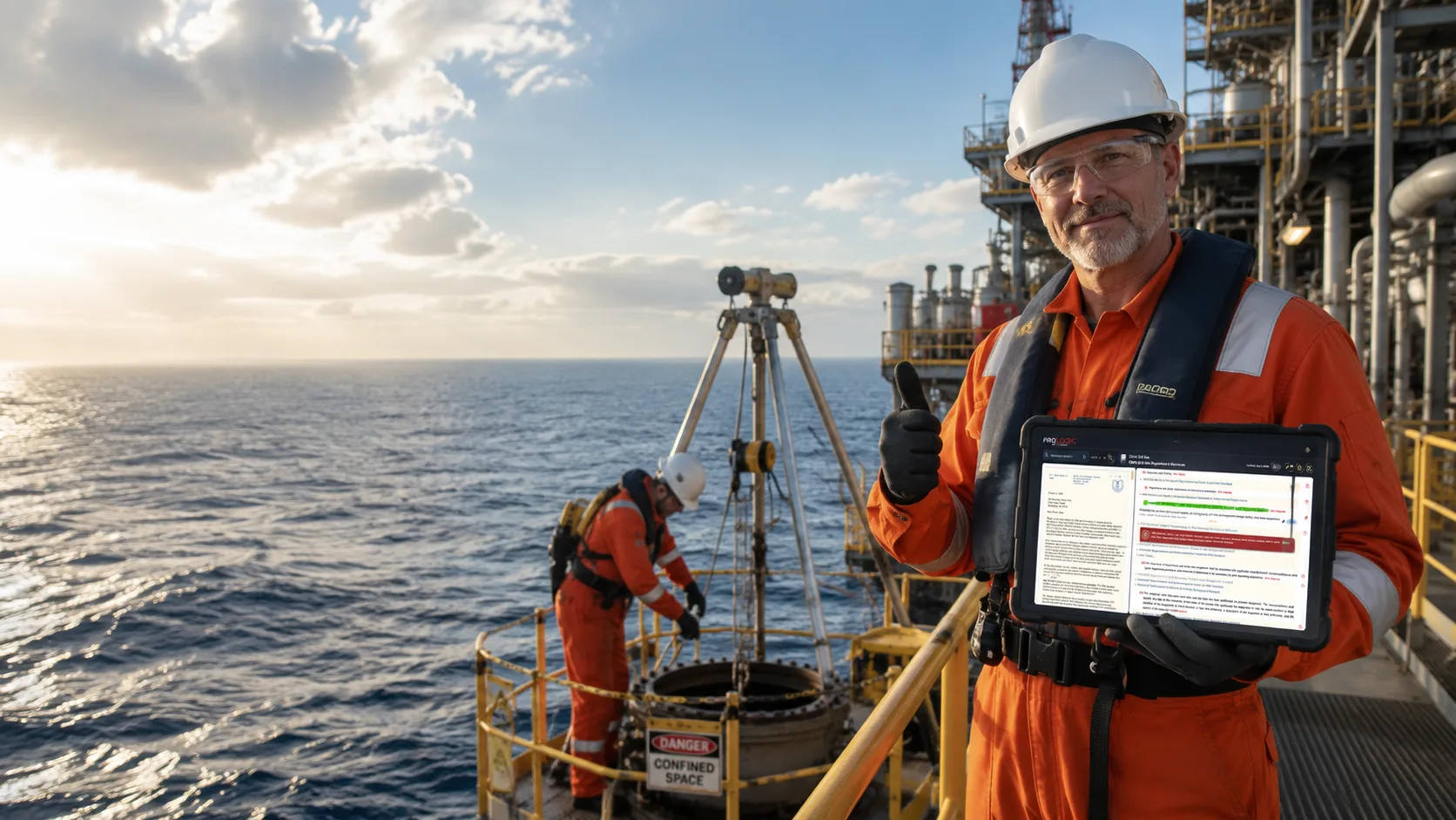 An offshore platform HSE lead giving a thumbs-up holding a rugged tablet with the RegLogic standard, crew working a confined-space entry behind, ocean at golden hour