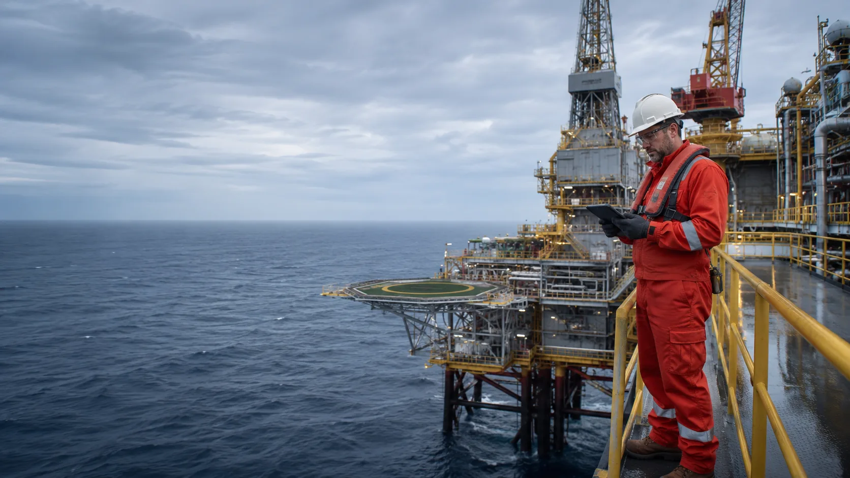 An offshore oil and gas drilling platform in open ocean, an HSE lead in coveralls, hard hat, and life vest holding a tablet